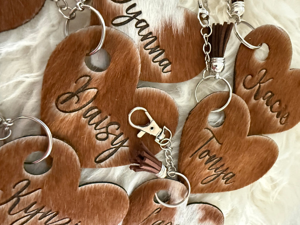 Custom Branded Cowhide Heart Keychain - Personalization Free