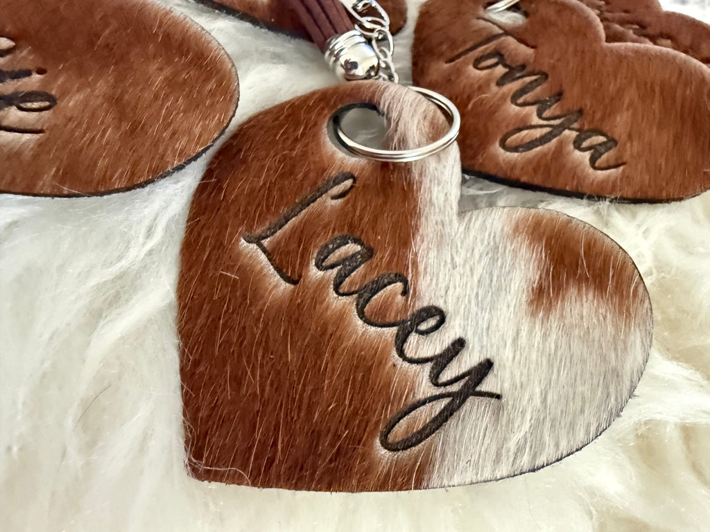 Custom Branded Cowhide Heart Keychain - Personalization Free