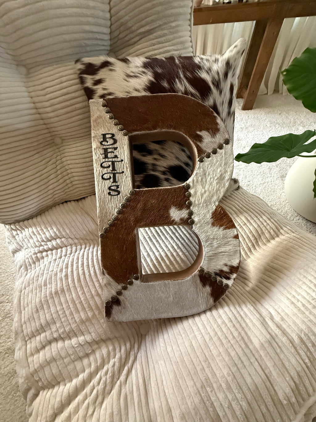 Plain or Patchwork Authentic Cowhide Letters with or without engraving and/or floral