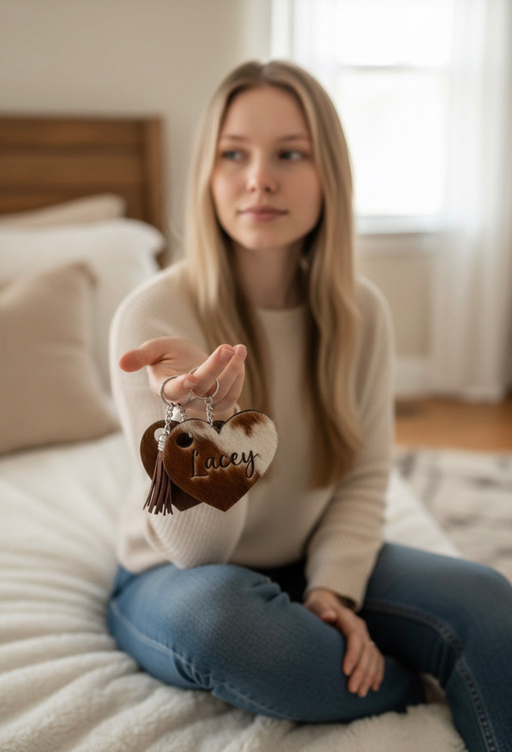 Custom Branded Cowhide Heart Keychain - Personalization Free