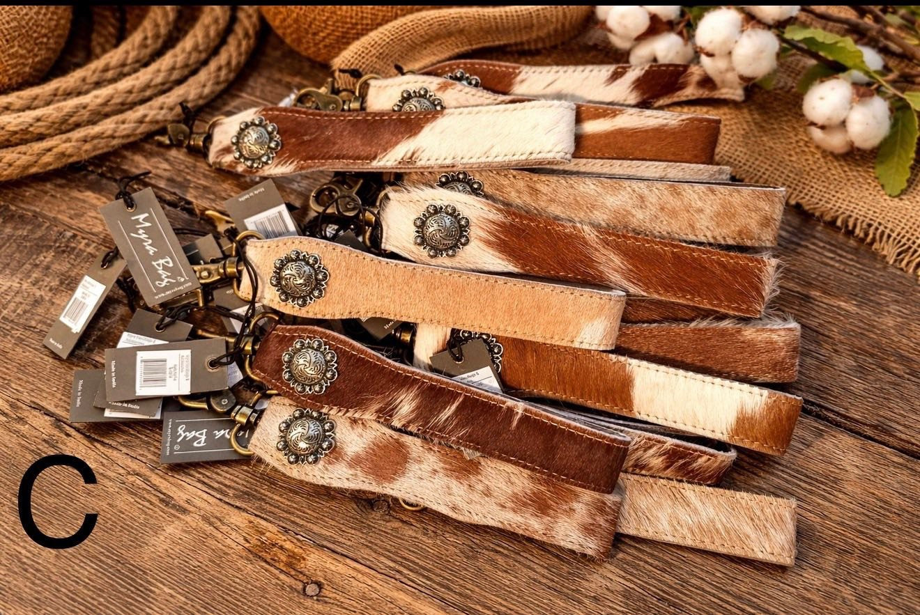 Wild West Cowhide Keychains –(Engraving is extra)