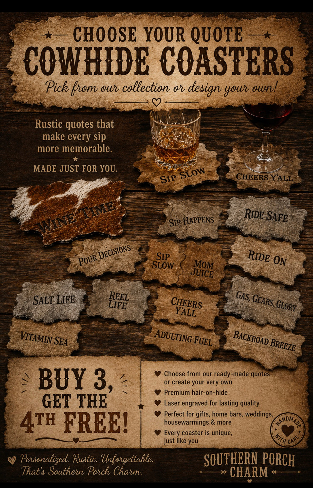 Quote/Saying Cowhide Engraved Coasters