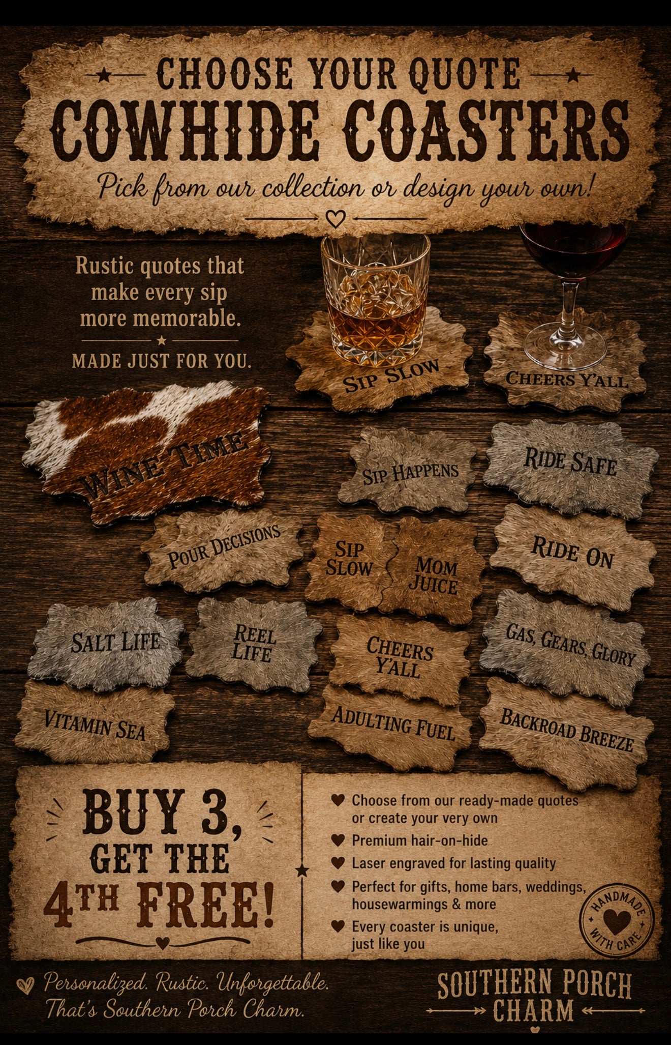 Quote/Saying Cowhide Engraved Coasters